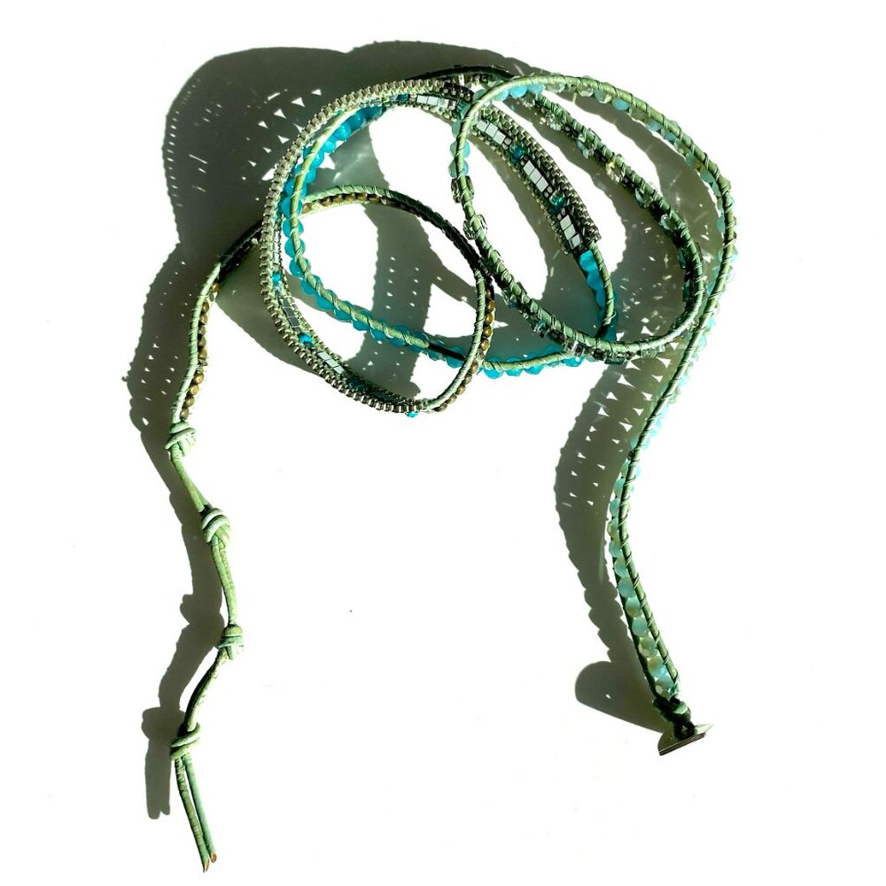 Long boho beaded wrap bracelet blue and green with silver accents by Nakamol.